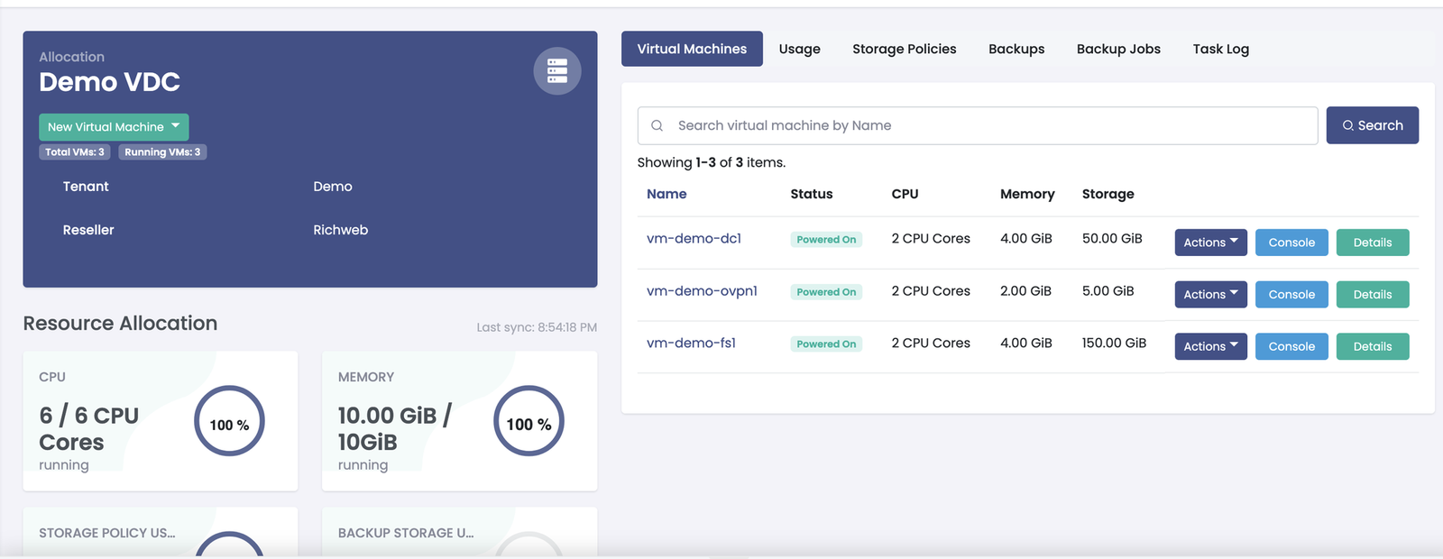 HVENS Cloud Customer Console - VM list view